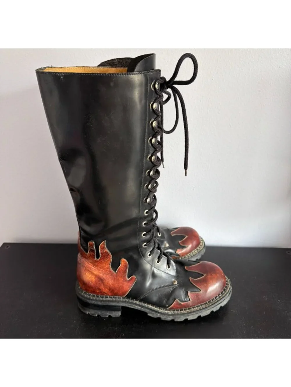Vintage 90s Smack Leather Lace Up Boots Mens Size 10 Flame Patchwork Moto Goth